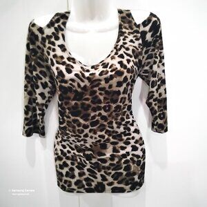 Clara Sun Woo Brown & Tan Leopard Print Cold Shoulder V-Neck Top NWOT Small USA